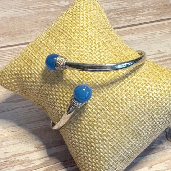 Sterling silver 925 Thai CI Bypass Bangle Bracelet Blue Tourmaline Stone Tips - Picture 7 of 8